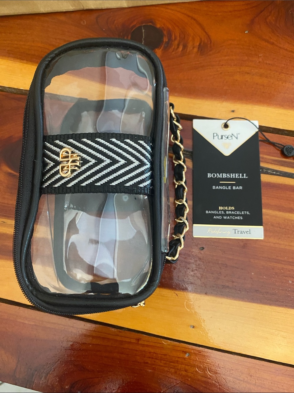 PurseN Clear Travel Jewelry Case with Black Trim and Gold Chain